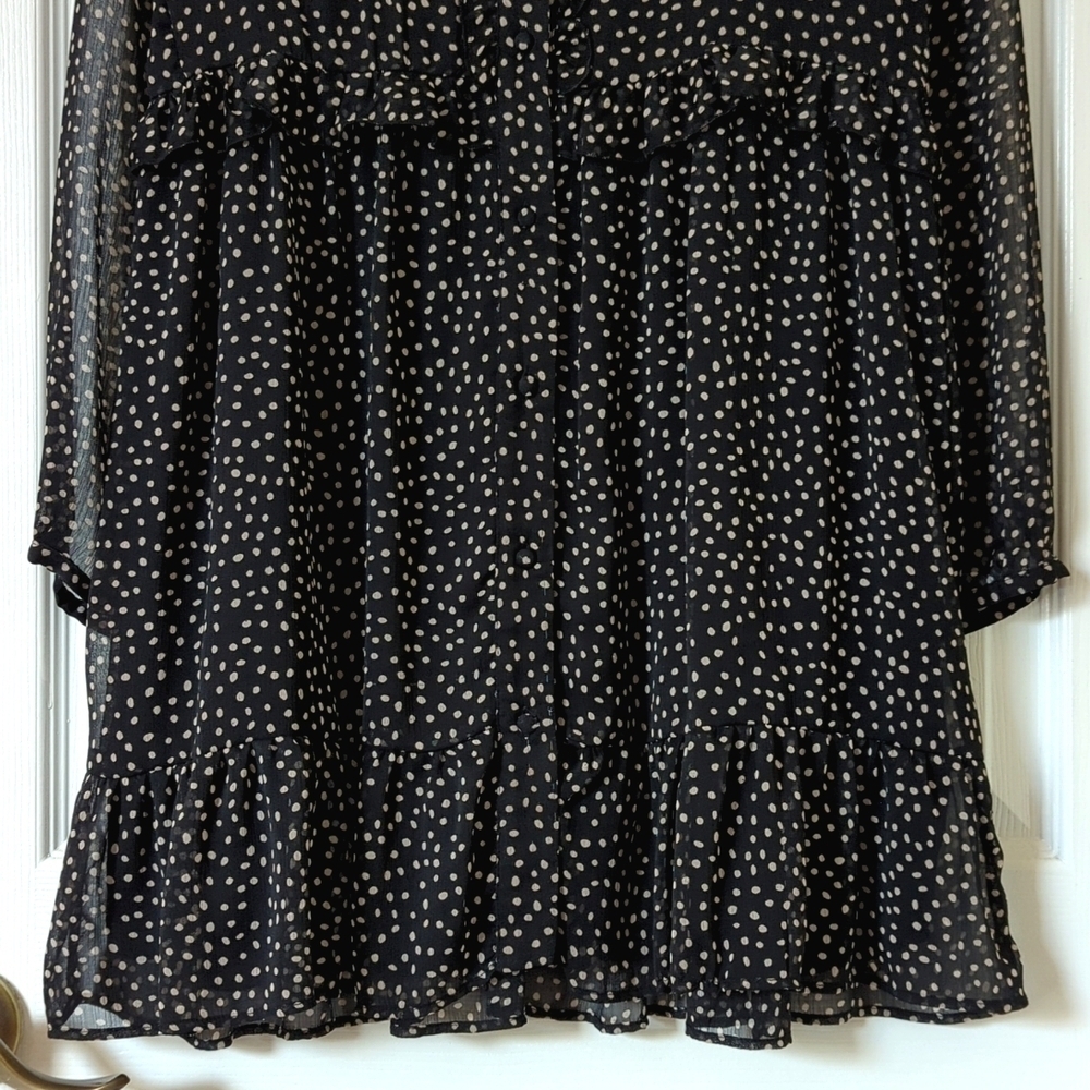 Zara Speckled Ruffled Trim V-neck Long Sleeve Button Down Mini Dress Black Small - Picture 7 of 12